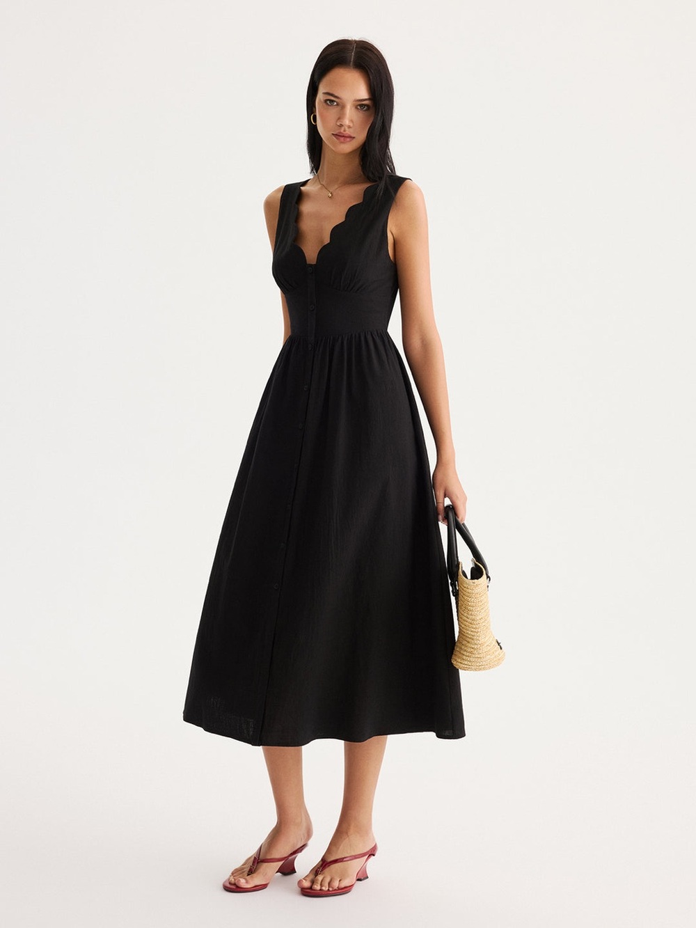 Commense Black Scallop-Edge Tie Back Midi Dress Size XS NWT 🖤🤍